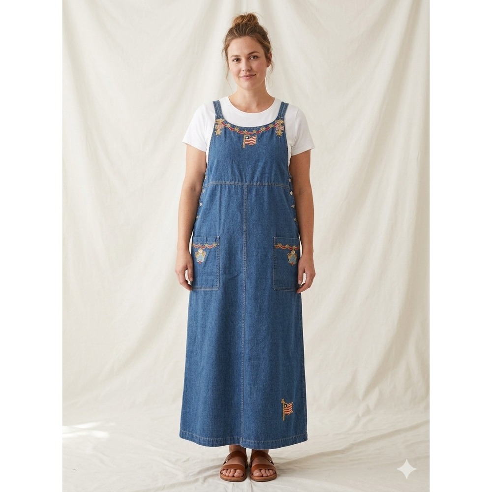 Vtg Basic Editions M Denim Jean Maxi Dress Blue Embroidered Flag Angel Patriotic